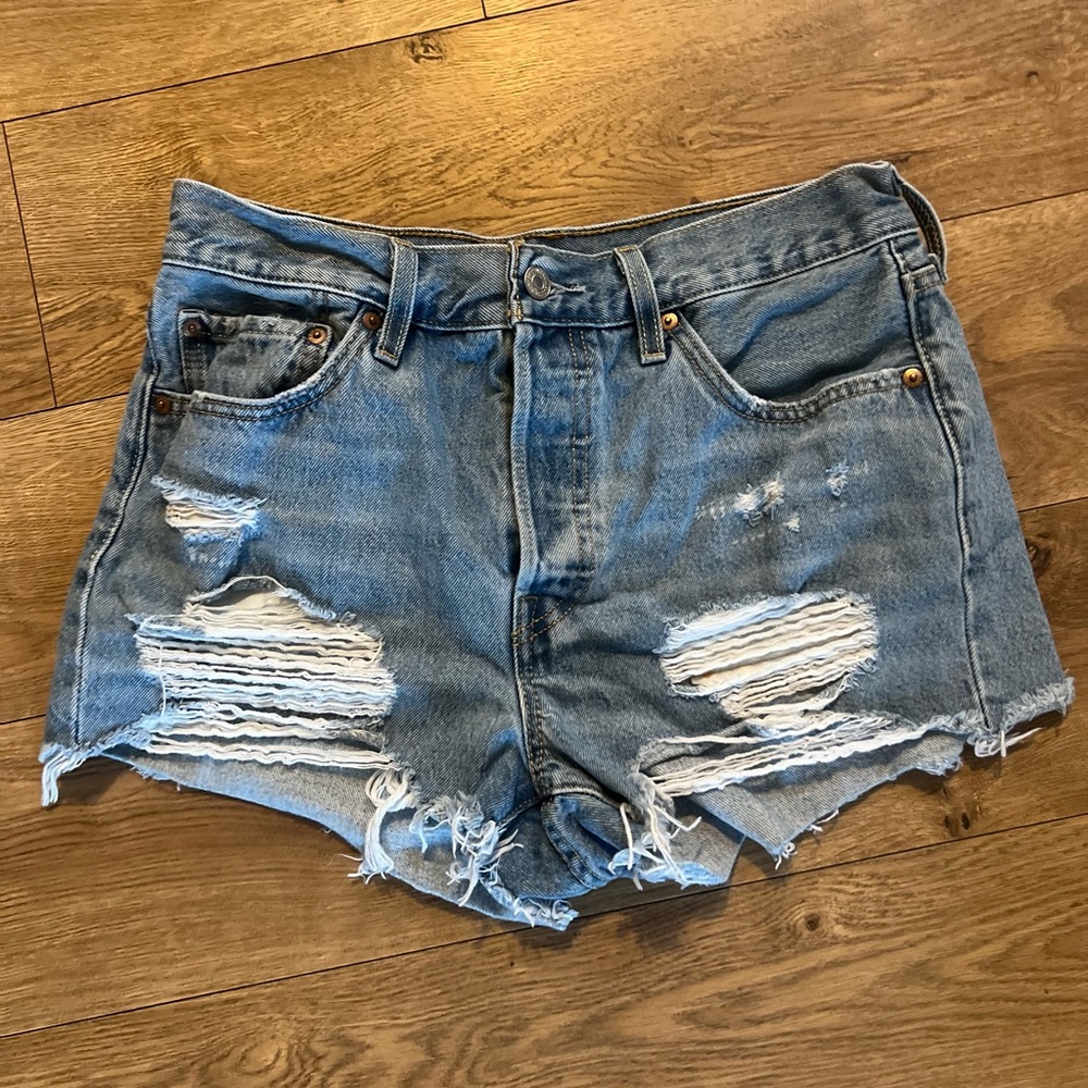 Distressed High-Rise Denim Shorts - Light Blue